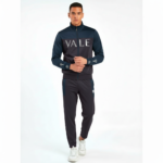Side-by-side view of a male model wearing the VALE breathable cotton tracksuit in black, navy blue, and sand beige colors.