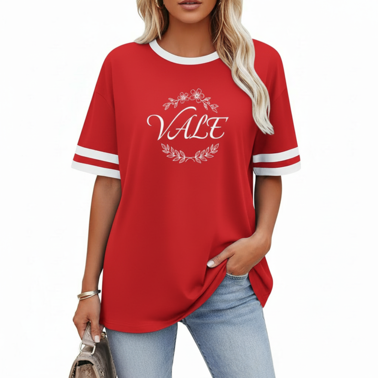 Women's oversized breathable cotton varsity t-shirt featuring a white VALE floral wreath graphic and striped sleeves, shown in Navy, Green, and Red.