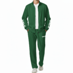 Men's two-piece breathable cotton tracksuit featuring a full-zip mock neck jacket and joggers with VALE sleeve branding, available in Black, Forest Green, and Burgundy.