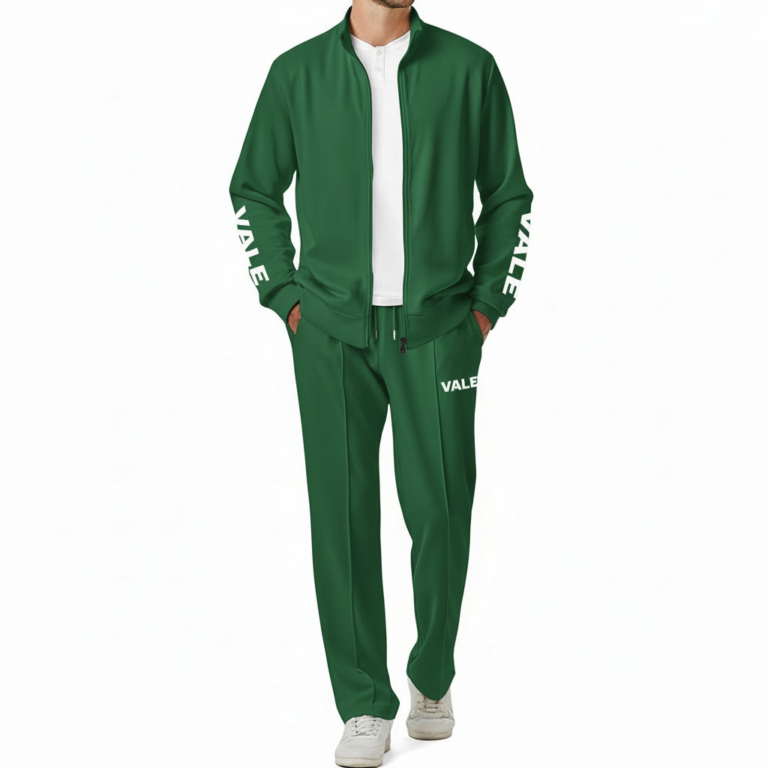 Men's two-piece breathable cotton tracksuit featuring a full-zip mock neck jacket and joggers with VALE sleeve branding, available in Black, Forest Green, and Burgundy.