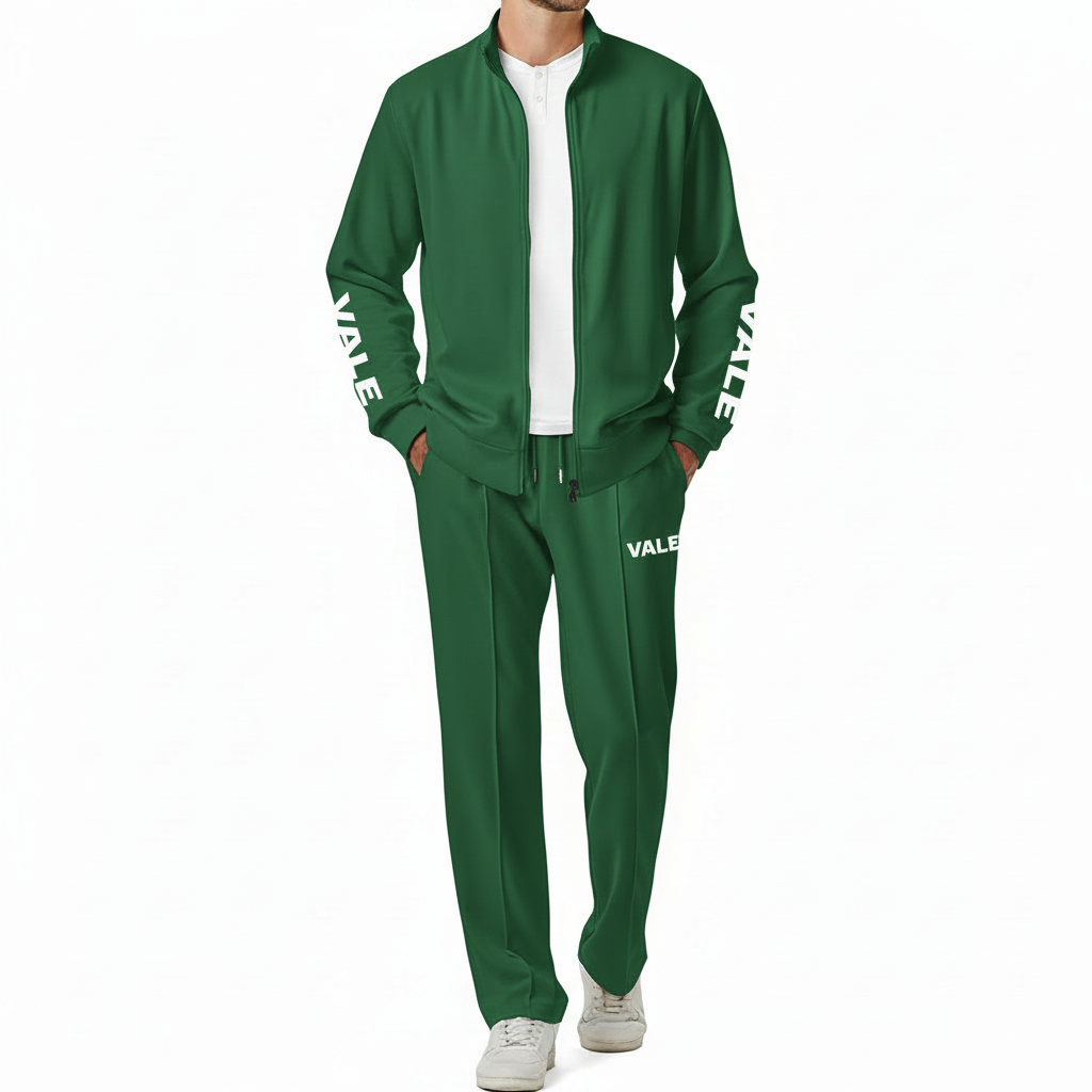 Men's two-piece breathable cotton tracksuit featuring a full-zip mock neck jacket and joggers with VALE sleeve branding, available in Black, Forest Green, and Burgundy.