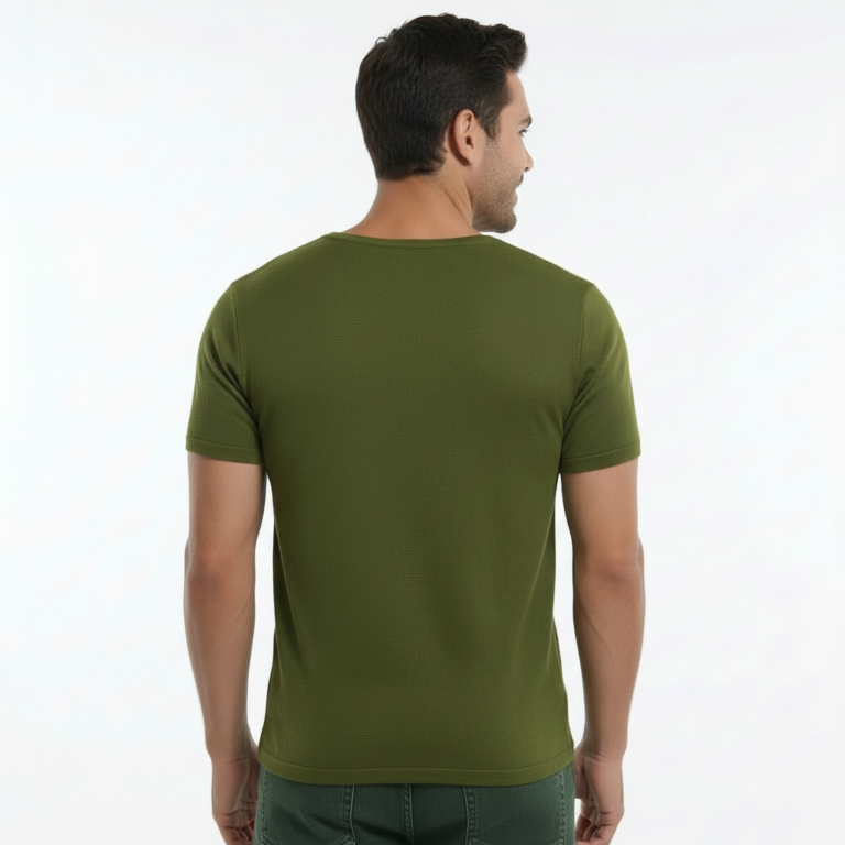 Man wearing Vale brand argyle pattern cotton t-shirt in black, blue, and green colors.