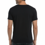 Man wearing a breathable cotton athletic fit T-shirt featuring a colorful iridescent "Vale" gothic logo and Art Deco geometric frame.