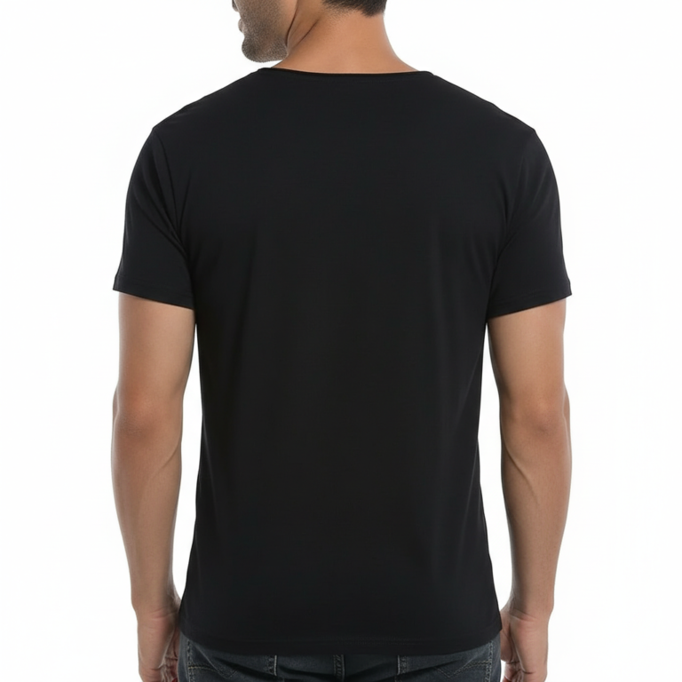 Man wearing a breathable cotton athletic fit T-shirt featuring a colorful iridescent "Vale" gothic logo and Art Deco geometric frame.