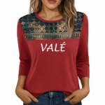 Women's breathable cotton 3/4 sleeve shirt with VALÉ print and bohemian lace mesh yoke design, available in black, maroon, and red.