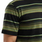 Close-up of a men's slim-fit 100% cotton striped t-shirt with variegated horizontal lines and a small chest logo.