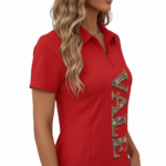 Women's quarter-zip polo shirt in breathable pique cotton featuring a vertical floral 'VALE' graphic design.