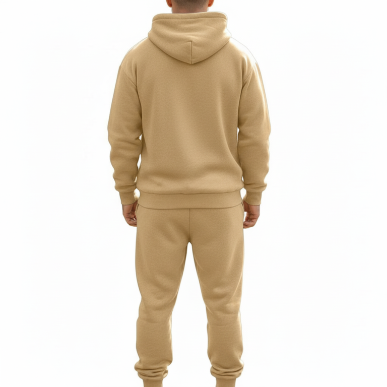 Men's designer wilderness-themed tracksuit set featuring a quarter-zip hoodie and cargo joggers with forest and deer landscape prints on breathable cotton.