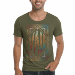 Man wearing VALE brand Art Deco graphic t-shirt in breathable cotton, available in white, olive green, and royal blue, athletic slim fit style.