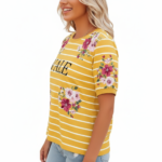 Women's breathable cotton t-shirt with VALE text, horizontal white stripes, and pink floral prints available in yellow, blue, and green.