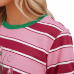 Women's breathable cotton striped t-shirt with pink rose floral graphic and green trim.