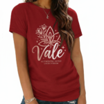 Women's breathable cotton T-shirt featuring "Vale" floral graphic design in Black, Maroon, and Beige colors.
