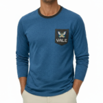 Men's VALE long-sleeve breathable cotton ringer shirt with butterfly embroidered pocket, athletic fit, available in orange, grey, and blue.