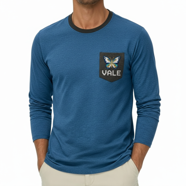 Men's VALE long-sleeve breathable cotton ringer shirt with butterfly embroidered pocket, athletic fit, available in orange, grey, and blue.