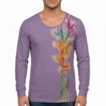 A man wearing a long-sleeved cotton shirt featuring a vertical watercolor tree design with the word "VALE" hidden in the trunk and branches.