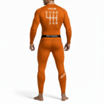 Back and front view of a man wearing a VALE brand compression suit featuring a manual transmission gear shifter graphic on the back of the long-sleeve shirt and matching leggings, shown in black, orange, and grey colors.