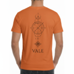 Back view of a man wearing a VALE brand 100% cotton breathable T-shirt featuring a black geometric compass and celestial line-art design.