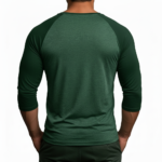 Men's 3/4 sleeve raglan baseball shirt in breathable cotton featuring a vintage VALE text and nautical compass graphic, athletic slim fit.