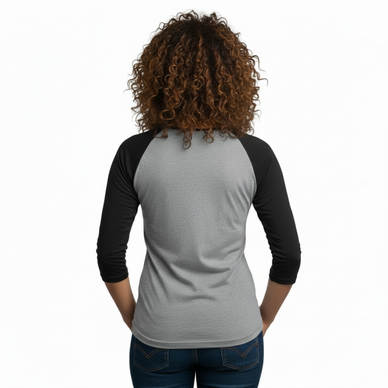 Woman wearing a breathable cotton raglan 3/4 sleeve shirt featuring a vintage nautical compass "VALE" graphic design, available in Grey/Black, White/Grey, and Olive/Black colorways.
