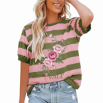 Women's breathable cotton striped t-shirt with pink rose floral graphic and green trim.