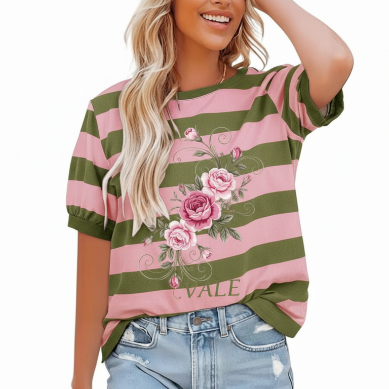 Women's breathable cotton striped t-shirt with pink rose floral graphic and green trim.