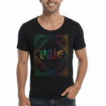 Man wearing a breathable cotton athletic fit T-shirt featuring a colorful iridescent "Vale" gothic logo and Art Deco geometric frame.