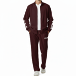Men's two-piece breathable cotton tracksuit featuring a full-zip mock neck jacket and joggers with VALE sleeve branding, available in Black, Forest Green, and Burgundy.