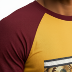 Men's raglan 3/4 sleeve shirt featuring "VALE" mechanical gear steampunk graphic on breathable cotton fabric.