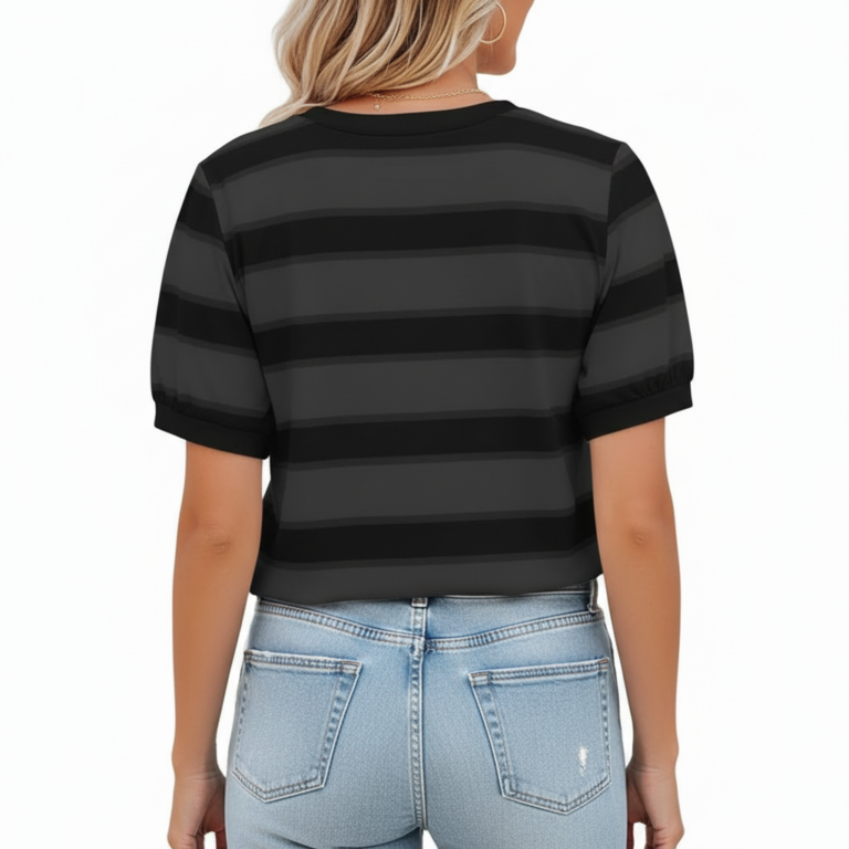 Women's breathable cotton striped t-shirt with puff sleeves and floral VALE graphic print, styled with light wash denim jeans.