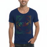 Man wearing a breathable cotton athletic fit T-shirt featuring a colorful iridescent "Vale" gothic logo and Art Deco geometric frame.