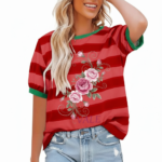 Women's breathable cotton striped t-shirt with pink rose floral graphic and green trim.