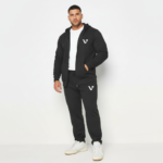 Men's premium breathable cotton tracksuit featuring a full-zip hoodie and matching joggers with minimalist branding, available in Black, Green, and Blue.