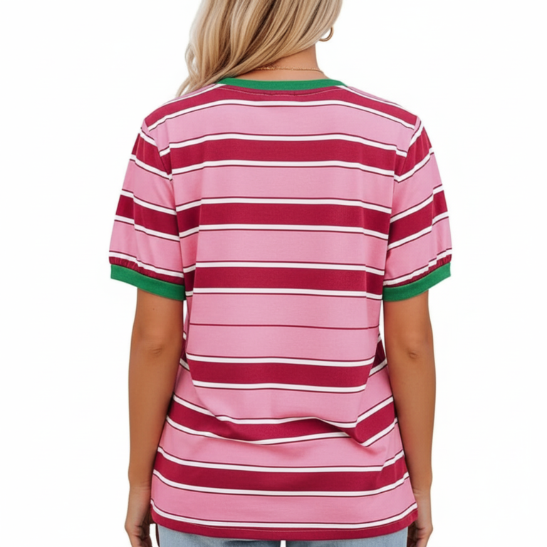 Women's breathable cotton striped t-shirt with pink rose floral graphic and green trim.