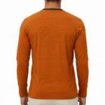 Men's VALE long-sleeve breathable cotton ringer shirt with butterfly embroidered pocket, athletic fit, available in orange, grey, and blue.