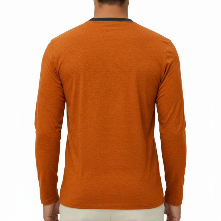Men's VALE long-sleeve breathable cotton ringer shirt with butterfly embroidered pocket, athletic fit, available in orange, grey, and blue.