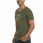 Man wearing VALE brand Art Deco graphic t-shirt in breathable cotton, available in white, olive green, and royal blue, athletic slim fit style.