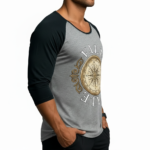 Men's 3/4 sleeve cotton raglan shirt featuring a vintage gold compass "VALE" graphic design on the chest.