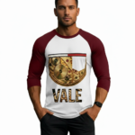 Men's raglan 3/4 sleeve shirt featuring "VALE" mechanical gear steampunk graphic on breathable cotton fabric.