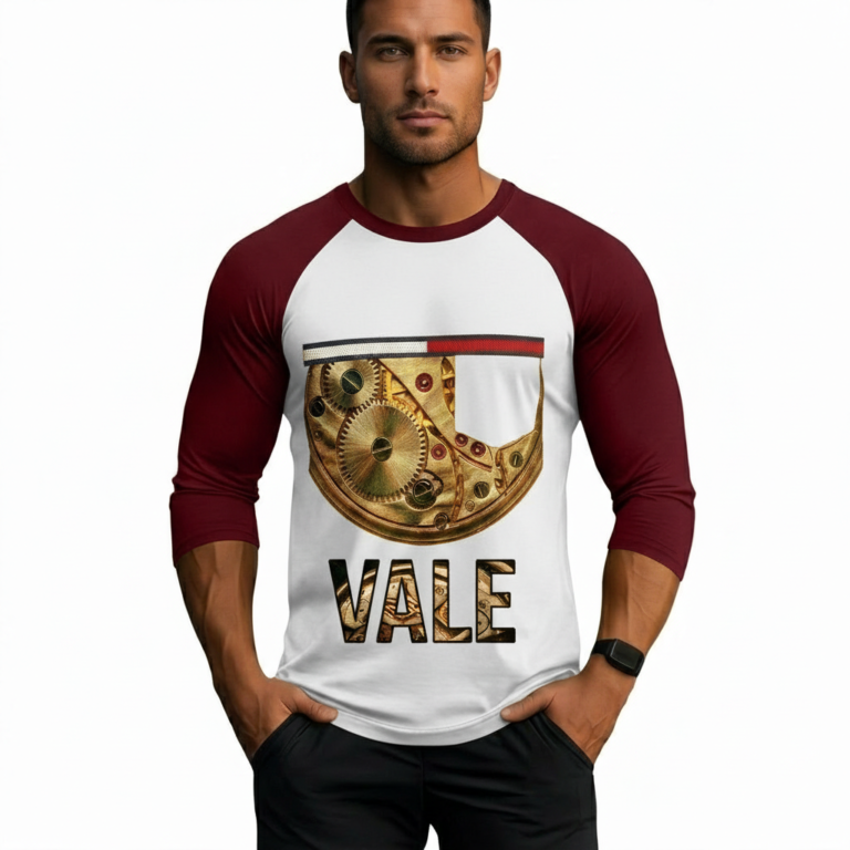 Men's raglan 3/4 sleeve shirt featuring "VALE" mechanical gear steampunk graphic on breathable cotton fabric.