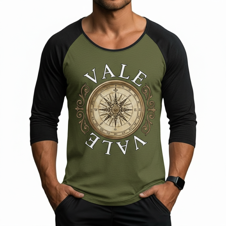 Men's 3/4 sleeve cotton raglan shirt featuring a vintage gold compass "VALE" graphic design on the chest.