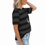 Women's breathable cotton striped t-shirt with puff sleeves and floral VALE graphic print, styled with light wash denim jeans.