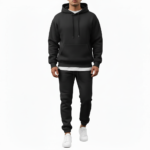 A man wearing a premium breathable cotton tracksuit featuring a colorful watercolor tree graphic with "VALE" text on the back, available in Black, Burgundy, and Sand.