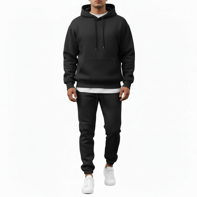 A man wearing a premium breathable cotton tracksuit featuring a colorful watercolor tree graphic with "VALE" text on the back, available in Black, Burgundy, and Sand.