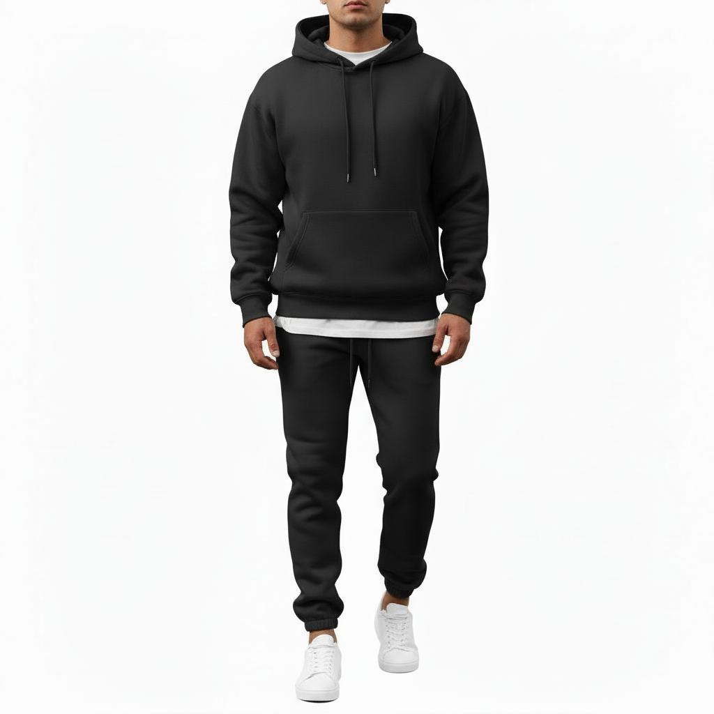 A man wearing a premium breathable cotton tracksuit featuring a colorful watercolor tree graphic with "VALE" text on the back, available in Black, Burgundy, and Sand.