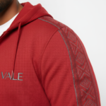 Men's premium cotton zip-up tracksuit featuring a hooded sweatshirt and matching joggers with geometric side-stripe detailing and VALE logo.