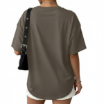 Flat lay and model view of women's oversized "MADE Pure Joy" floral graphic t-shirt in dusty brown, slate blue, and sage green.