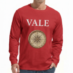 Men's long sleeve breathable cotton shirt in red, olive green, and maroon featuring a vintage VALE compass graphic design, athletic slim fit