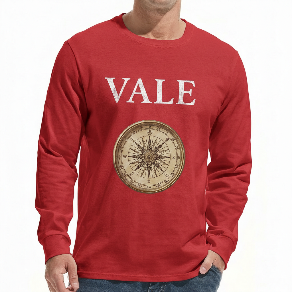 Vintage Compass Men’s Long Sleeve Cotton Shirt Men's long sleeve breathable cotton shirt in red, olive green, and maroon featuring a vintage VALE compass graphic design, athletic slim fit