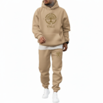 Men's oversized 2-piece tracksuit featuring a breathable cotton hoodie and joggers with gold VALE Tree of Life compass logo, available in Mocha Brown, Sand Beige, and Fuchsia Pink.