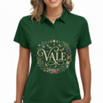 Woman wearing a VALE botanical cotton polo shirt with floral and moon phase graphic design in Earthy Brown, Forest Green, and Sand Beige colors.